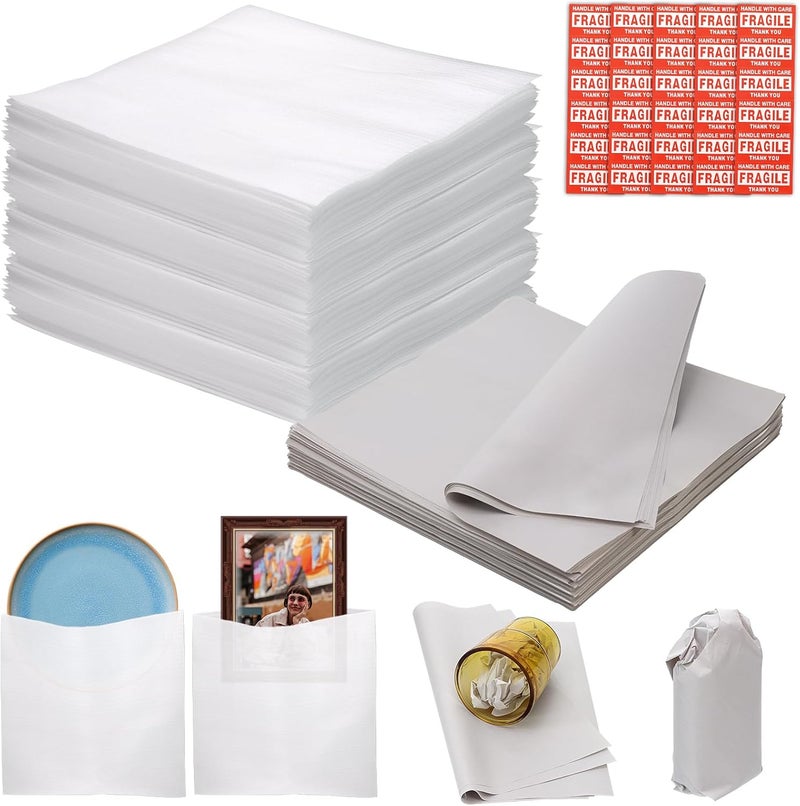 VIOBEPASS 130 Pcs Moving Supplies Set, 50 Pcs 12'' x 12'' Foam Pouches & 50 Sheets 12'' x 12'' Packing Paper & 30 Pcs Fragile Stickers, Packing Foam Pouches and Newsprint Paper for Protecting Dishes Cup China - Image 1